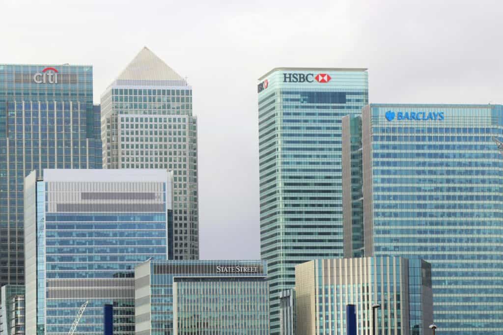 High-rise buildings in London with the names of some of the financial institutions