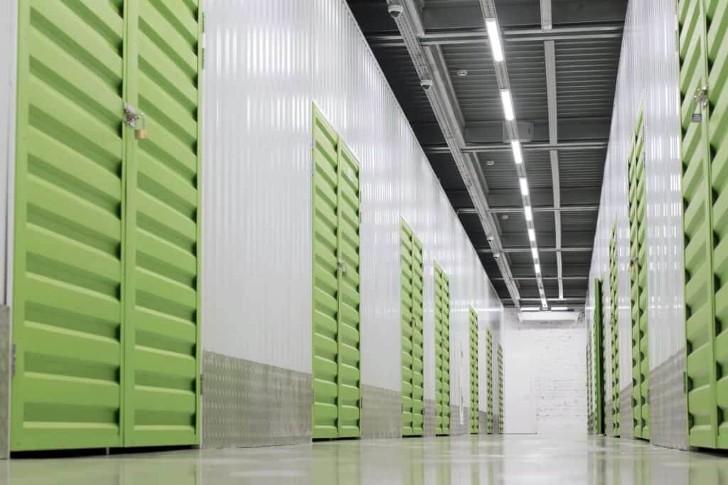 Low-angle shot of a tidy self-storage units for temporary storing items while moving