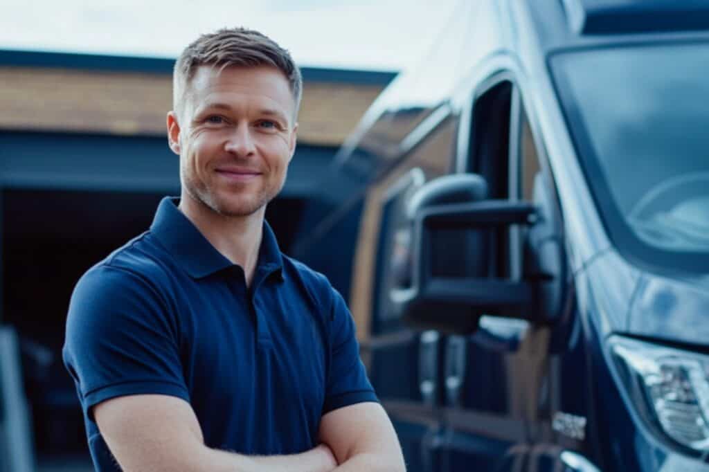 A man and van standing outside the black van on a moving day